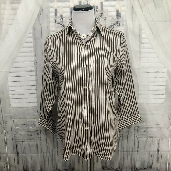 Ralph Lauren Medium 100% Linen Button Shirt Blouse Green Red Striped 3/4 Sleeve - Picture 1 of 11